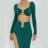 Metal Applique Irregular Solid Low Cut Long Sleeve Slit Midi Skirt Set